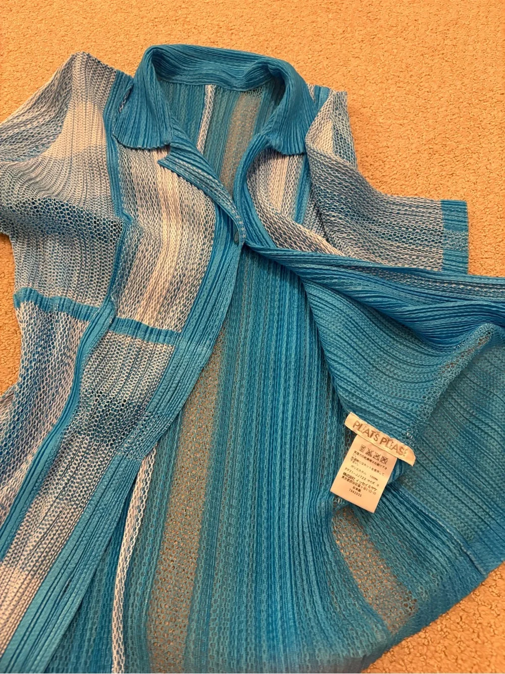 Pleats Please Issey Miyake 3 Piece Blue Mesh Pleated Set Pants Tank Cardigan
